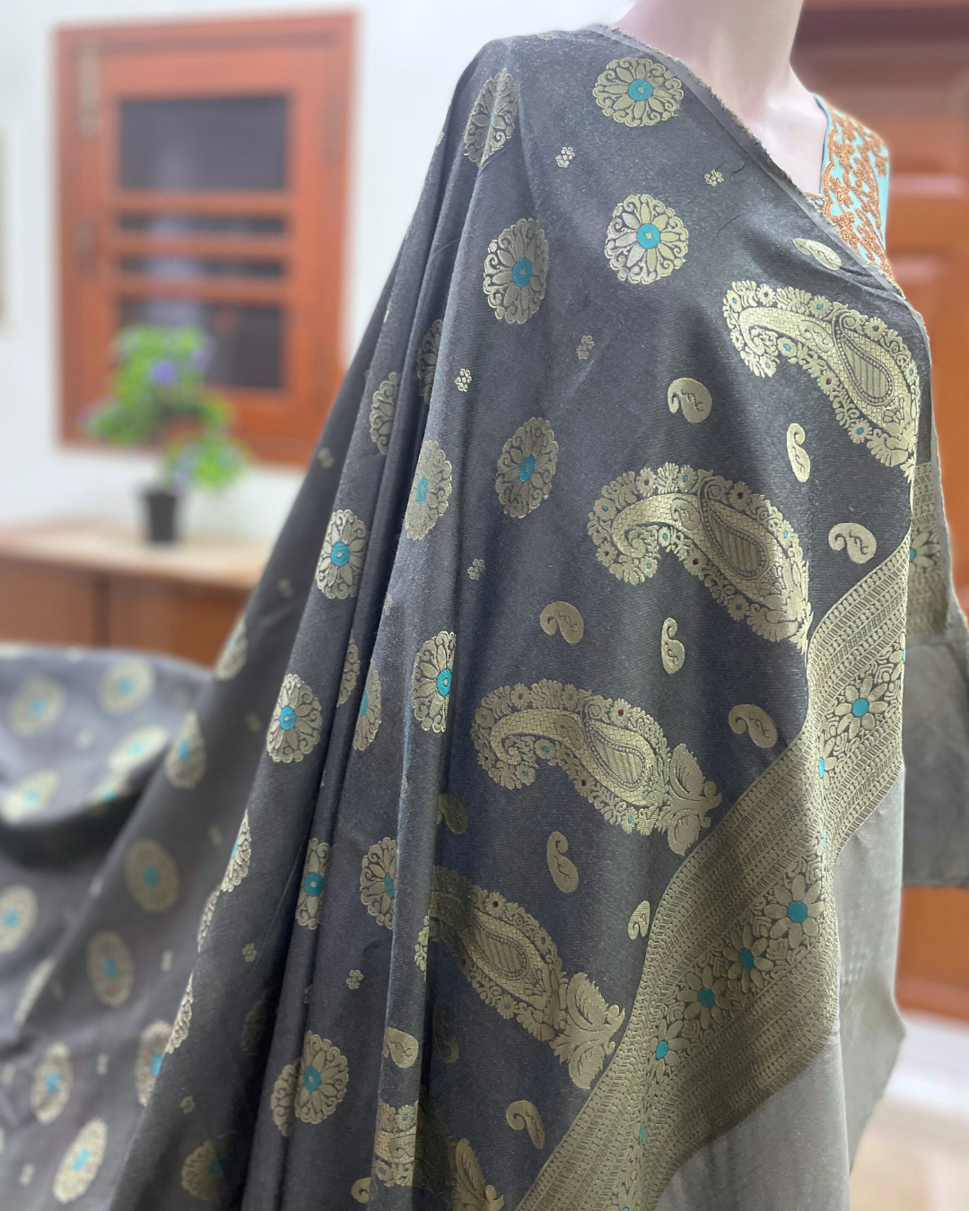 Gul-e-Zar Banarsi Shawl - Smoky Charcoal